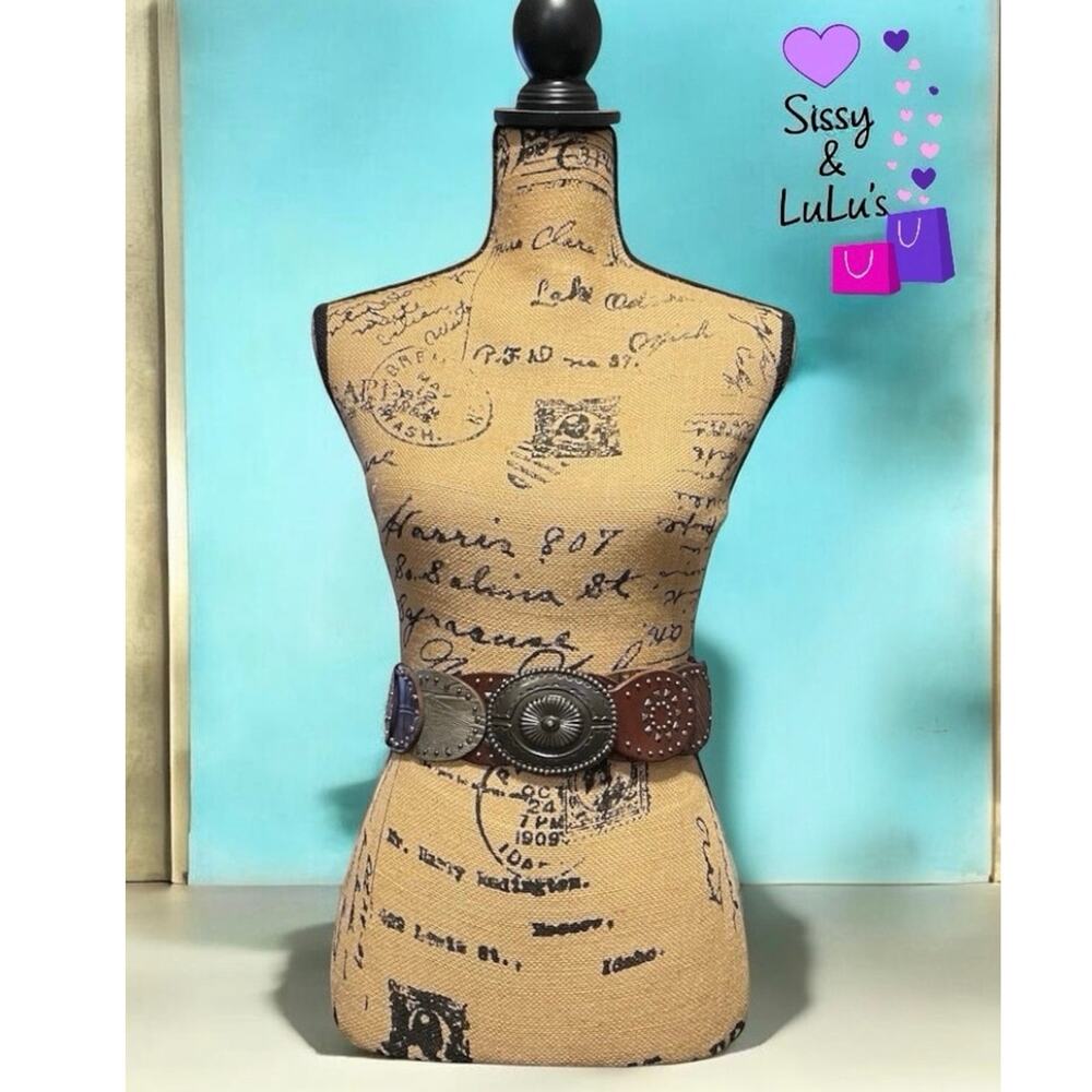 Wide Patchwork Belt Womens Multicolor Studded Concho Buckle Western 38in